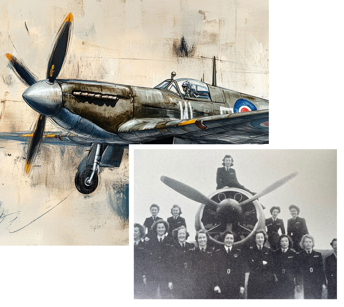 Illustration of Spitfire and photo of Rita Baines on a Spitfire.
