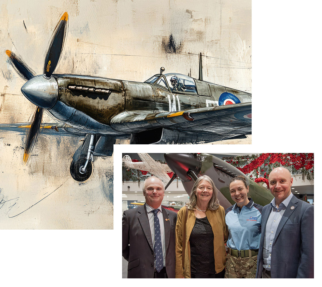 Illustration of a spitfire and a group of colleagues in front of a spitfire
