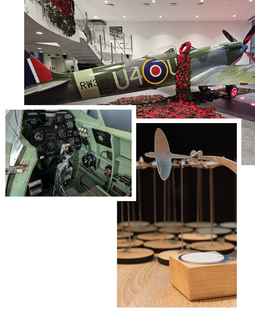 Montage of photos. Spitfire simulator, spitfire cockpit and spitfire models.